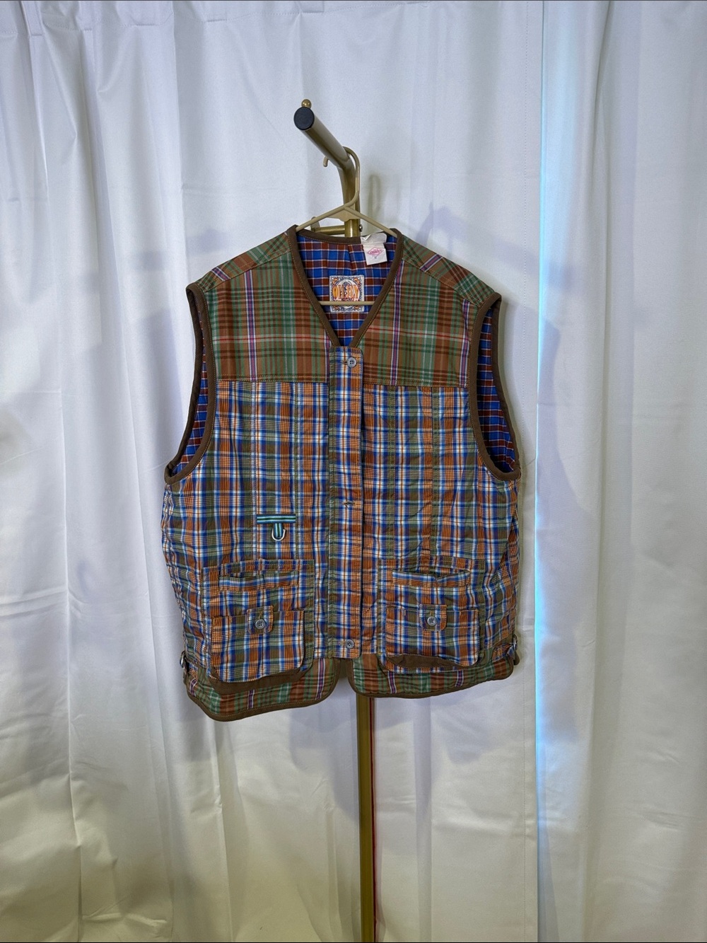 Oilily Multicolor Plaid Quilted Vest Vintage Fishing Brown Green Blue Grandpa M